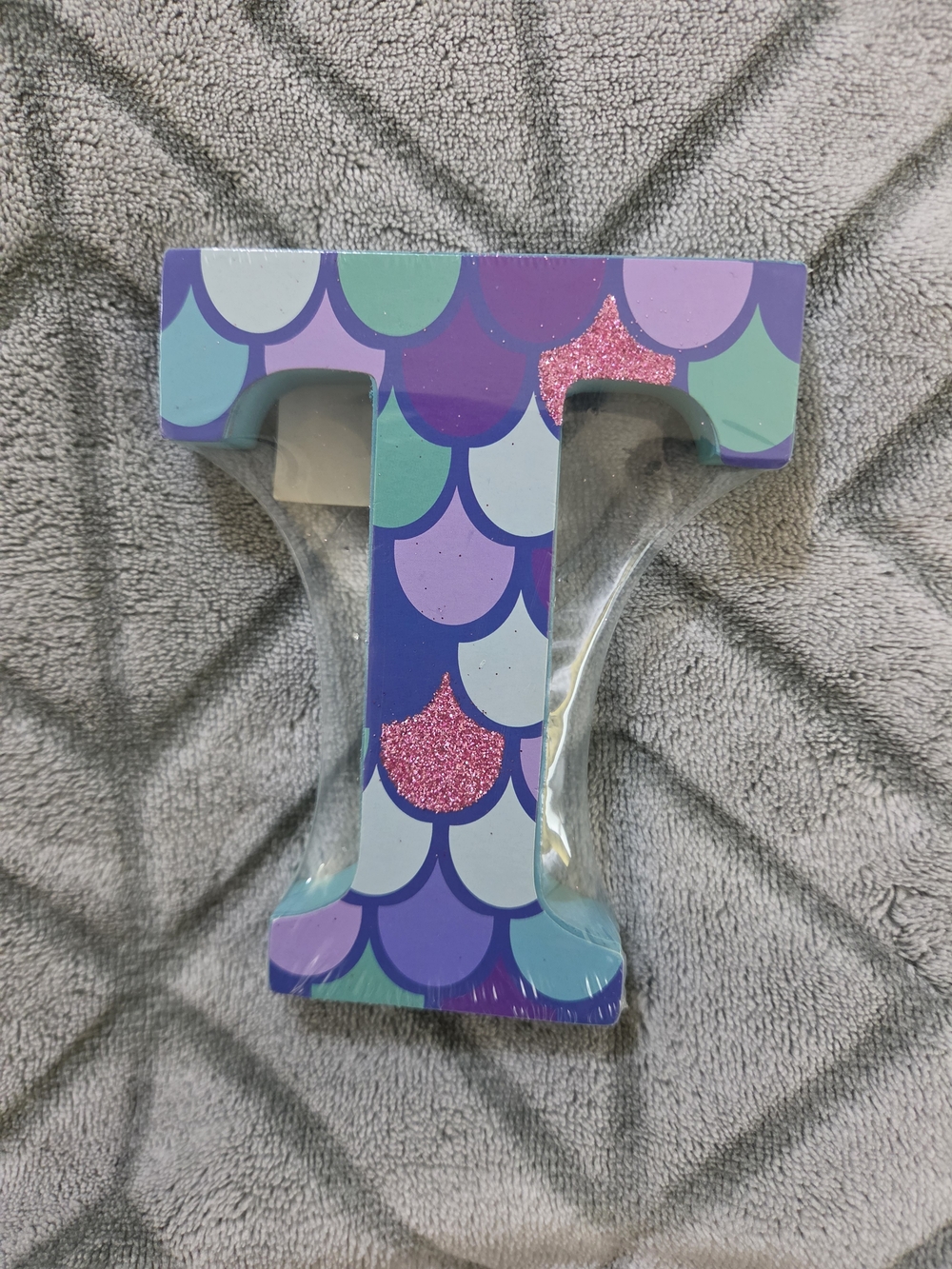 Mermaid-Scale Decorative Letter T in Blue, Purple & Aqua with Pink Glitter